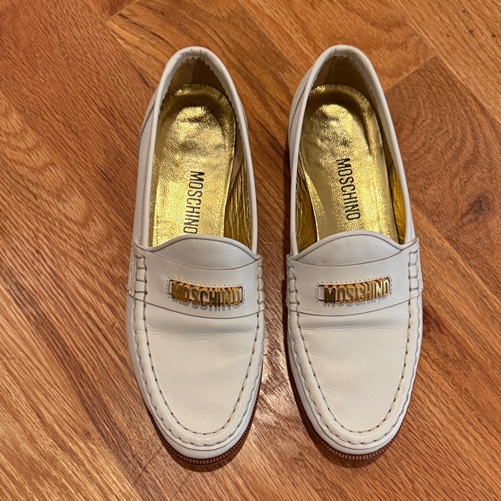 Moschino White Loafers with Gold Accents